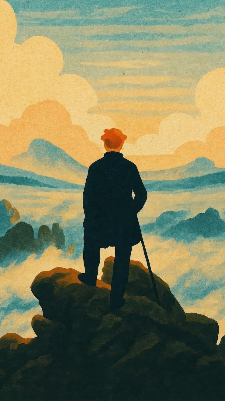 traveler overlooks majestic mountain vista